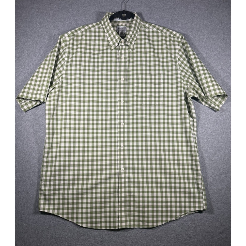 L.L. Bean Wrinkle Resistant Short Sleeve Gingham Shirt L-REG Green White
